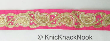 Pink Lace Trim With Floral Zardozi Hand Embroidery And White Beads & Indian Stones Kundan Embellishment, Approx. 40mm, Decorative Trim